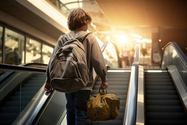 Jovem rapaz bagagem escada rolante viagem partida asiático gerar Ai