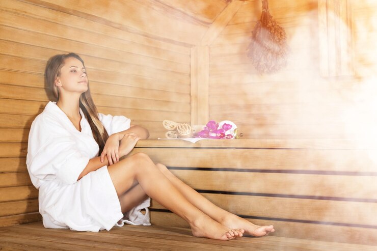 Foto jovem relaxando na sauna
