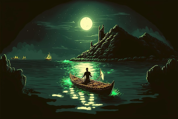 Jovem remando um barco no mar olhando para a ilustração de estilo de arte digital crescente pintando ilustração de fantasia de um homem em um barco