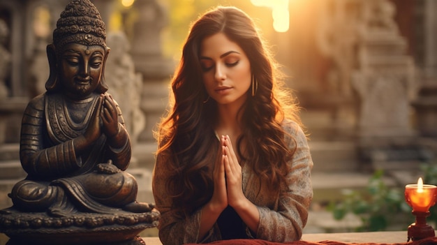 jovem rezando para a estátua do hinduísmo ao ar livre