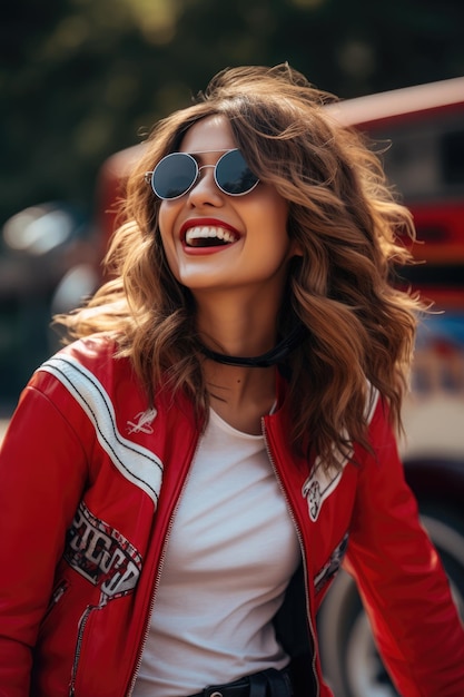 Jovem rindo com cabelo comprido usando equipamento de motocicleta e capacete vermelho e preto cores AI Gener