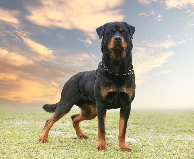 Jovem rottweiler ficando na natureza no verão