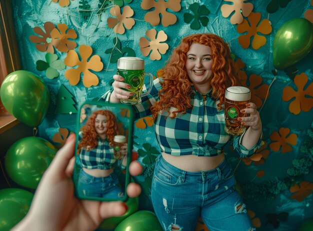 Foto jovem ruiva com cerveja verde e telemóvel na mão no dia de são patrício