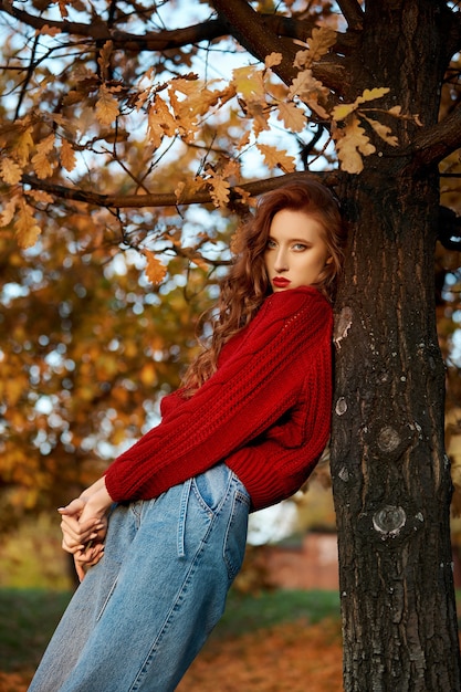 Jovem ruiva com um suéter vermelho caminha no parque. Retrato da beleza outono de uma mulher ruiva elegante ao pôr do sol