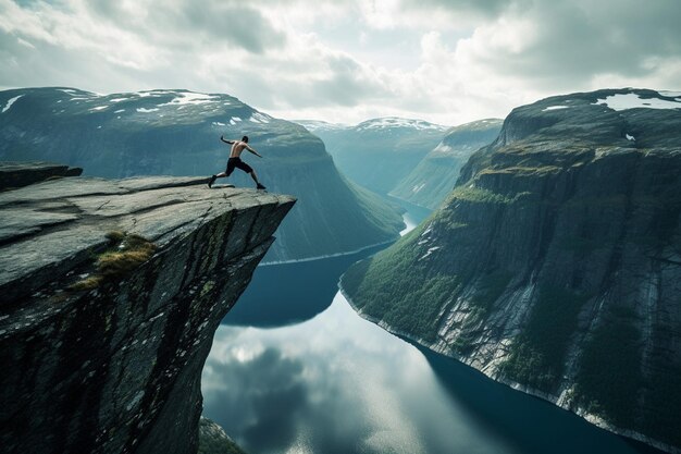 Foto jovem salta na borda do trolltunga