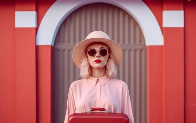 Jovem se preparando para viagem com bolsa vermelha na parede rosa