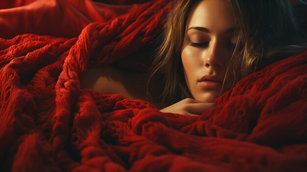 Foto jovem sedutora a dormir debaixo de um cobertor vermelho