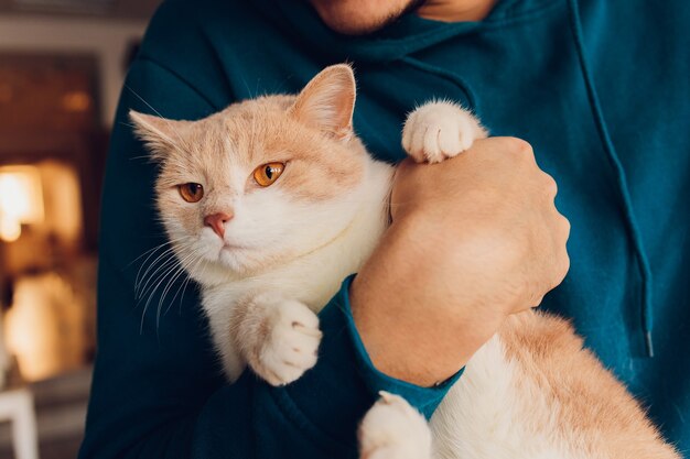 Jovem segurando um close-up de gato branco.