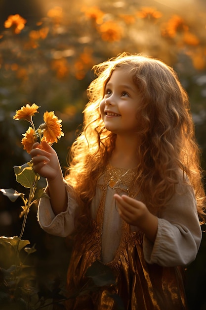 Foto jovem segurando uma flor no campo