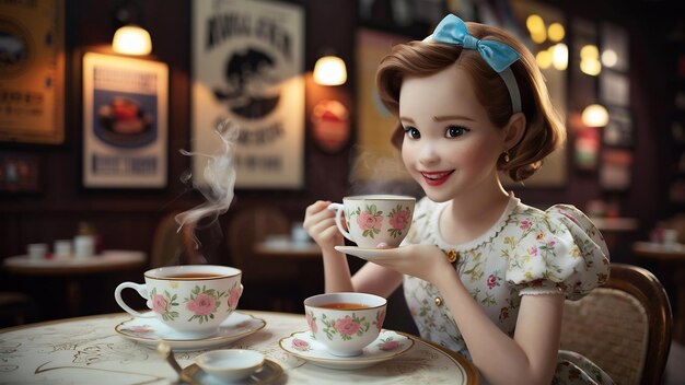Jovem senhora a beber chá num café.