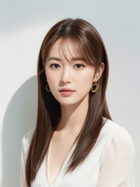 Jovem senhora do escritório de beleza asiático cabelo castanho com estilo de maquiagem coreana no rosto com fundo de estúdio