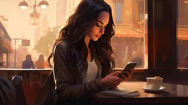 jovem sentada em um café e olhando para a ilustração de arte da câmera