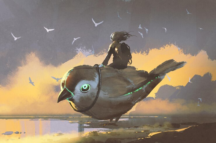 Foto jovem sentada em um pássaro gigante futurista, estilo de arte digital, pintura de ilustração