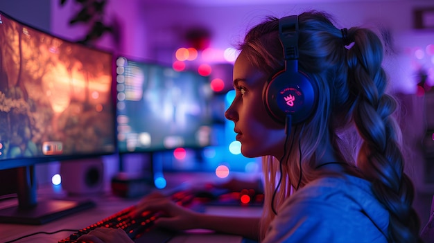 Jovem sentada jogando computador enquanto usava fones de ouvido em uma sala vazia