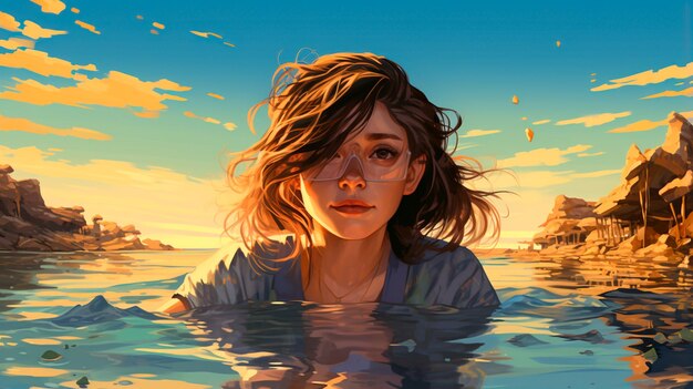 jovem sentada na praia olhando para o mar arte de ilustração 3 d