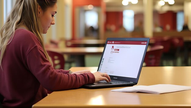 Jovem sentada no café e usando computador portátil com e-mail na tela