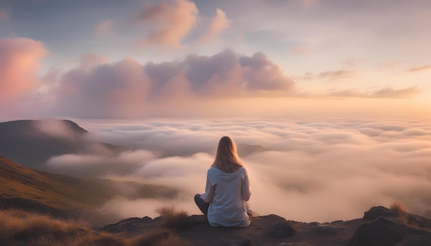 Foto jovem sentada no topo de uma montanha pacificamente