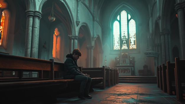 Jovem sentado em um banco dentro de uma igreja envolvido em reflexão de oração ou adoração