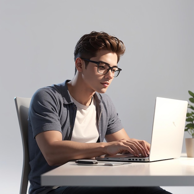 Foto jovem sentado na frente de um laptop homem trabalhar em um computador freelancer 3d render 3d ilustração isolado em fundo branco sólido