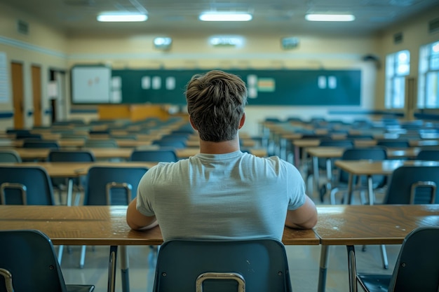 Foto jovem sentado sozinho em uma sala de aula vazia de frente para o quadro com a luz do sol entrando