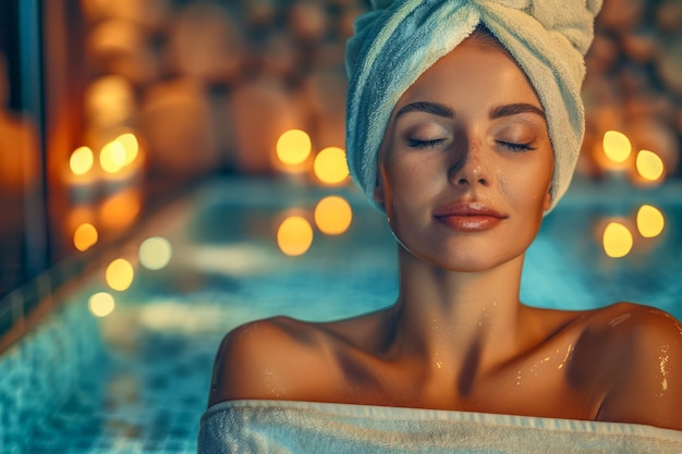 Jovem serena desfrutando de um luxuoso dia de spa com luzes de velas em um ambiente tranquilo de piscina