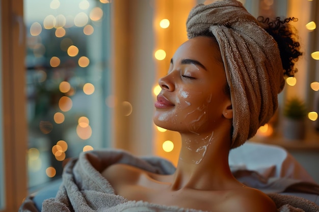 Jovem serena desfrutando de um tratamento facial com luzes festivas ao fundo