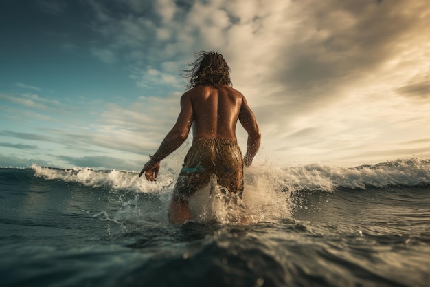 Foto jovem sexy em fato de banho salpicando no mar ao pôr do sol vista traseira de homem surfista correndo no oceano com uma prancha de surf ai gerado