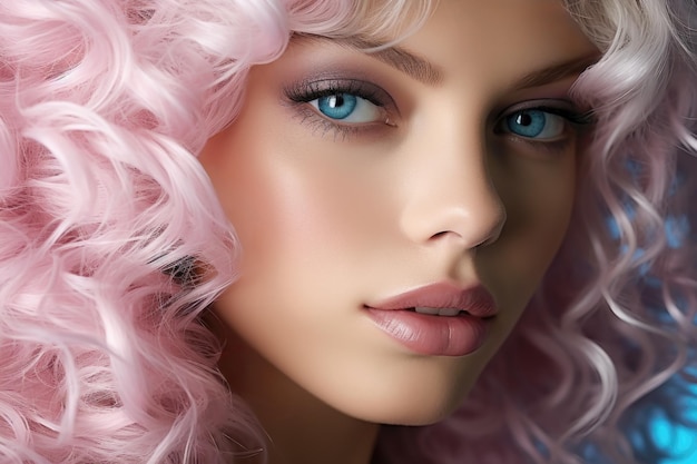 Jovem simpática com cabelo rosa ondulado e olhos azuis deslumbrantes