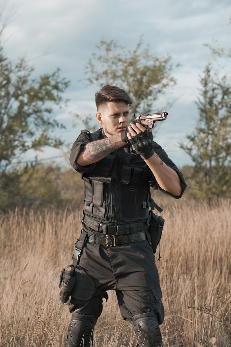 Foto jovem soldado de uniforme preto apontando uma pistola