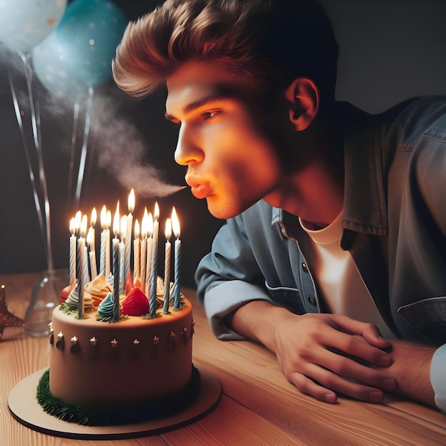 Jovem soprando velas em um bolo de aniversário na celebração da noite