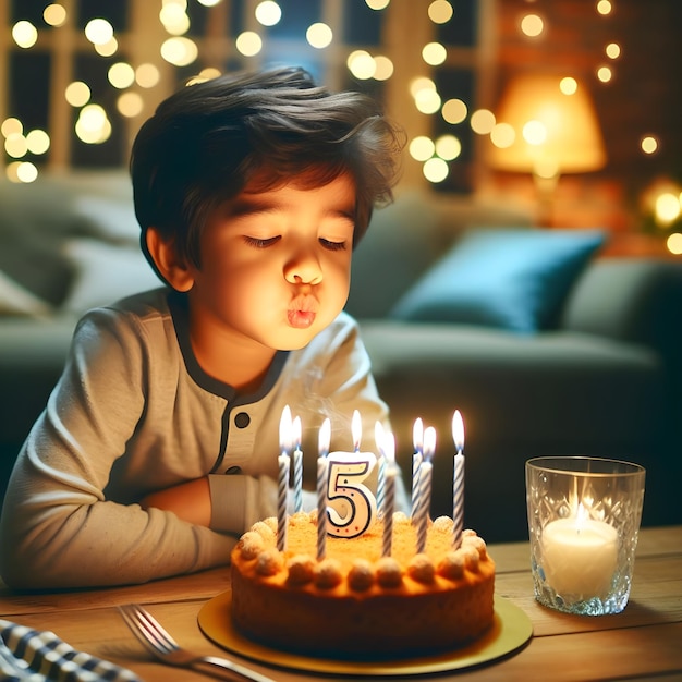 Jovem soprando velas em um bolo de aniversário na celebração da noite