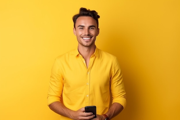 Jovem sorridente de camisa azul casual posando isolado no fundo da parede laranja amarela no estúdio