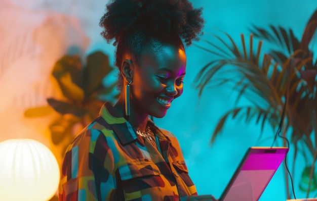 Foto jovem sorridente de pé na mesa com tablet para escrever