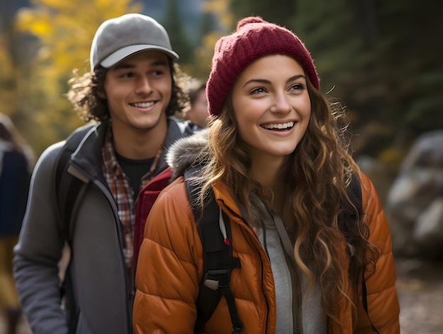 Jovem sorridente e homem caminhando em uma floresta serena de outono de alta qualidade