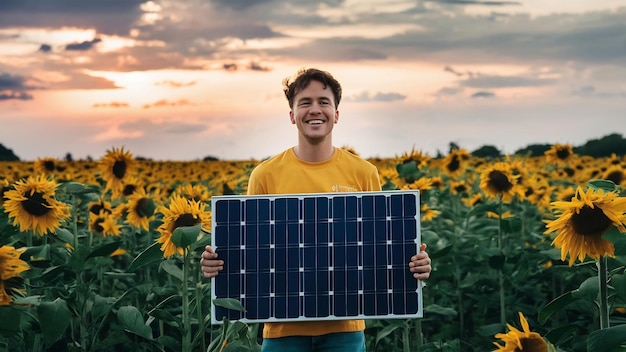 Foto jovem sorridente feliz de pé com um painel solar para energia renovável isolado em fundo branco