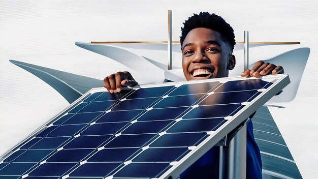 Foto jovem sorridente feliz de pé com um painel solar para energia renovável isolado em fundo branco