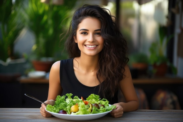Jovem sorridente linda mulher latina comendo salada fresca saudável no interior da cozinha moderna cheio de fr