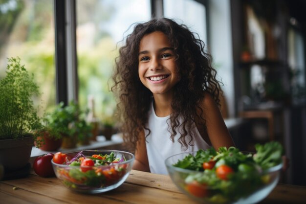 Jovem sorridente linda mulher latina comendo salada fresca saudável no interior da cozinha moderna cheio de fr