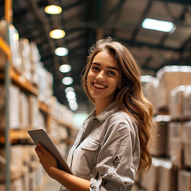 Jovem sorridente no trabalho no armazém, verificando o inventário, funcionária confiante com tablet AI