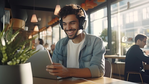 Jovem sorridente ouvindo música através de fones de ouvido sem fio e tocando em um tablet sentado em uma cafeteria