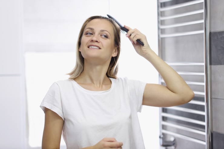 Foto jovem sorridente penteando o cabelo no banheiro