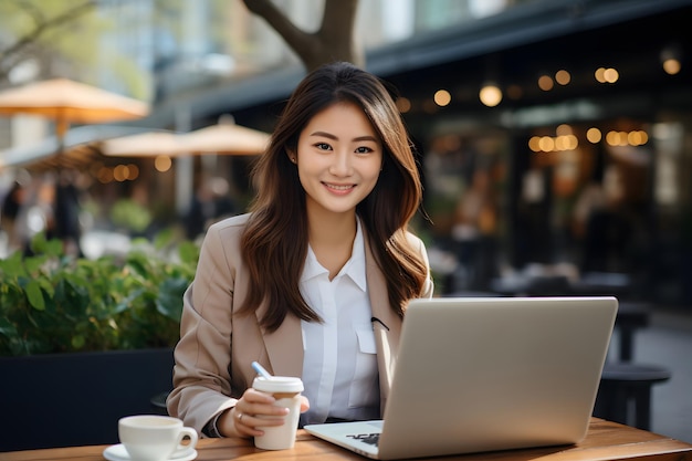 Jovem sorridente profissional bonita mulher de negócios asiática está sentada ao ar livre na rua da cidade na mesa do café