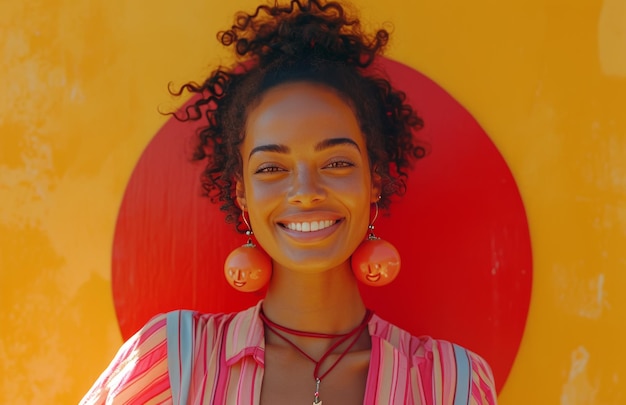 jovem sorridente vestindo rosa ao lado de um anel vermelho circular, bem como um fundo amarelo