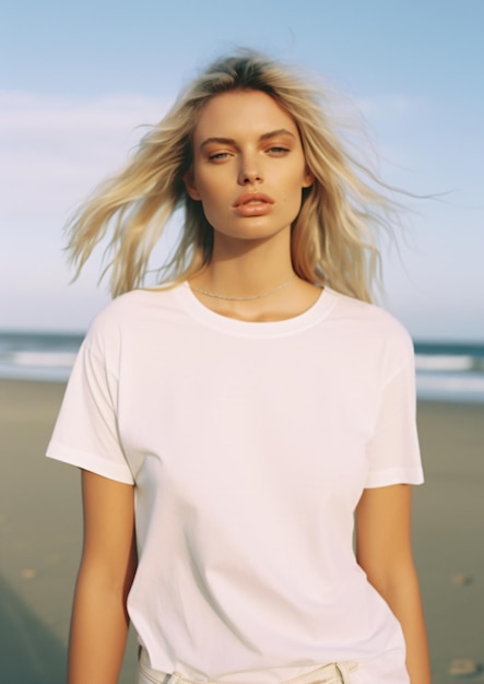 Jovem surfista loira vestindo camiseta branca em branco simulada na praia camiseta branca lisa