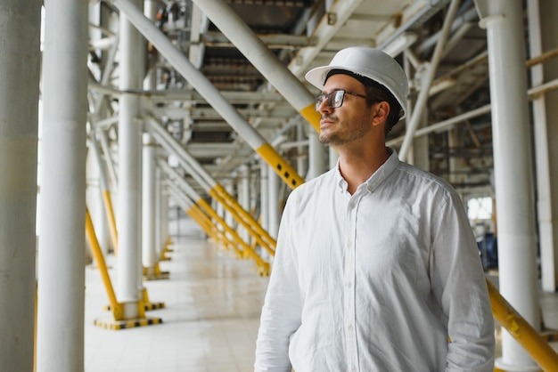 Foto jovem técnico com capacete branco