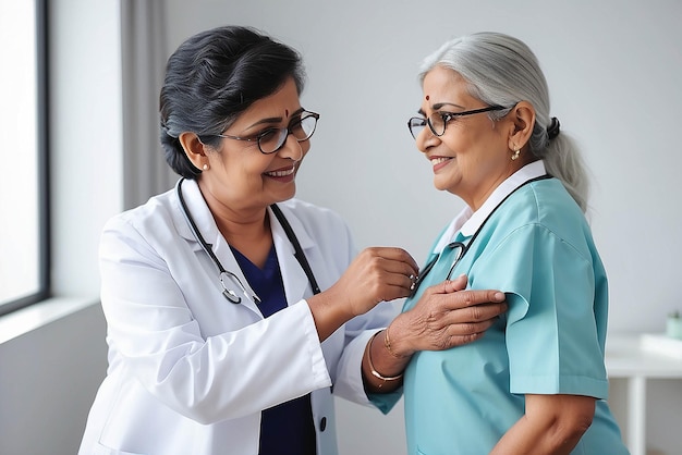 Jovem terapeuta médico indiano feliz em casaco branco tem consulta de consulta apoiando a colocação da mão no ombro de uma paciente senhora mais velha em um hospital de clínica moderna conceito de saúde médica