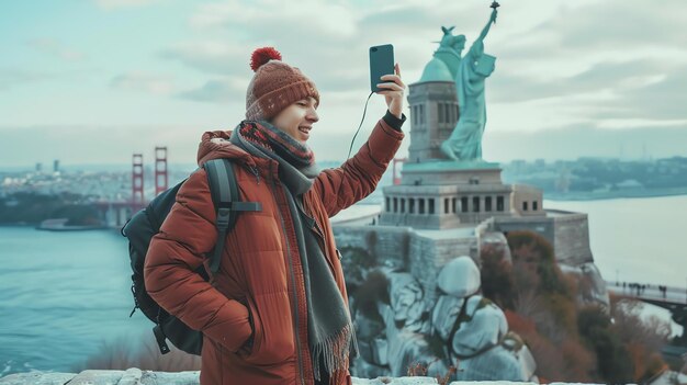 Foto jovem tirando uma selfie em frente à estátua da liberdade