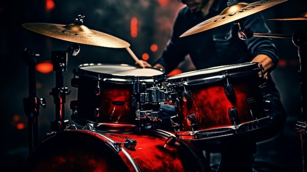 Foto jovem tocando bateria no clube escuro