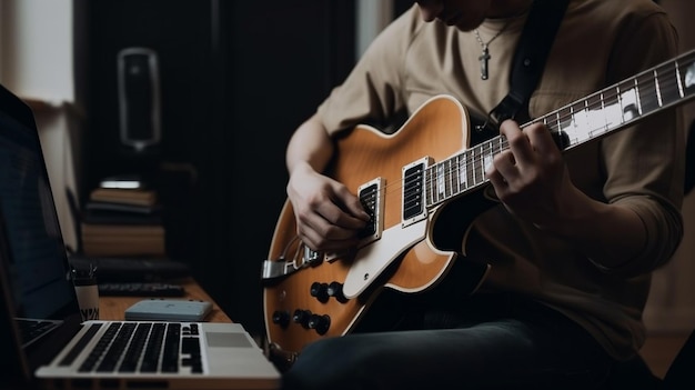 Jovem tocando violão e trabalhando no laptop em homegenerative ai