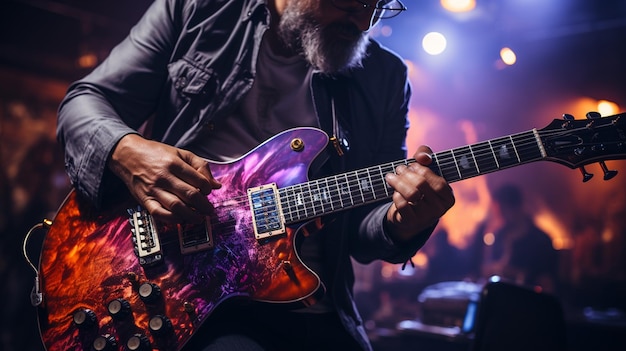 Foto jovem tocando violão em boate jovem bonito com guitarra elétrica